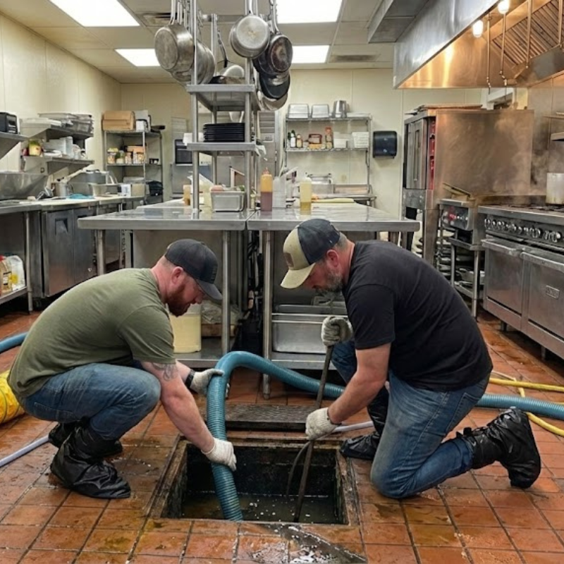 Stephens Septic technicians servicing a commercial kitchen grease trap